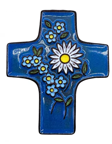 Croix Céramique Florale bleu foncé