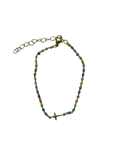 Petit Bracelet avec perles multicolores et petite croix - doré