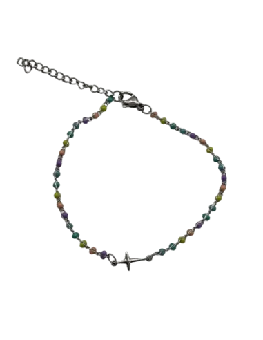 Petit Bracelet avec perles multicolores et petite croix - Argent