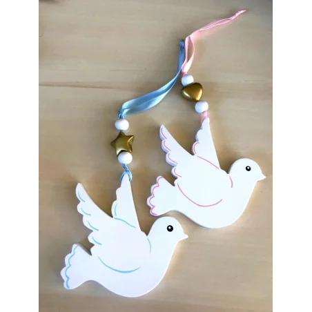 Cadeau de Baptême Colombe blanche et bleu ou blanche et rose