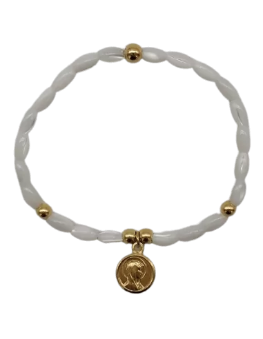 Bracelet élastique en nacre avec médaille de la vierge dorée à l'or fin